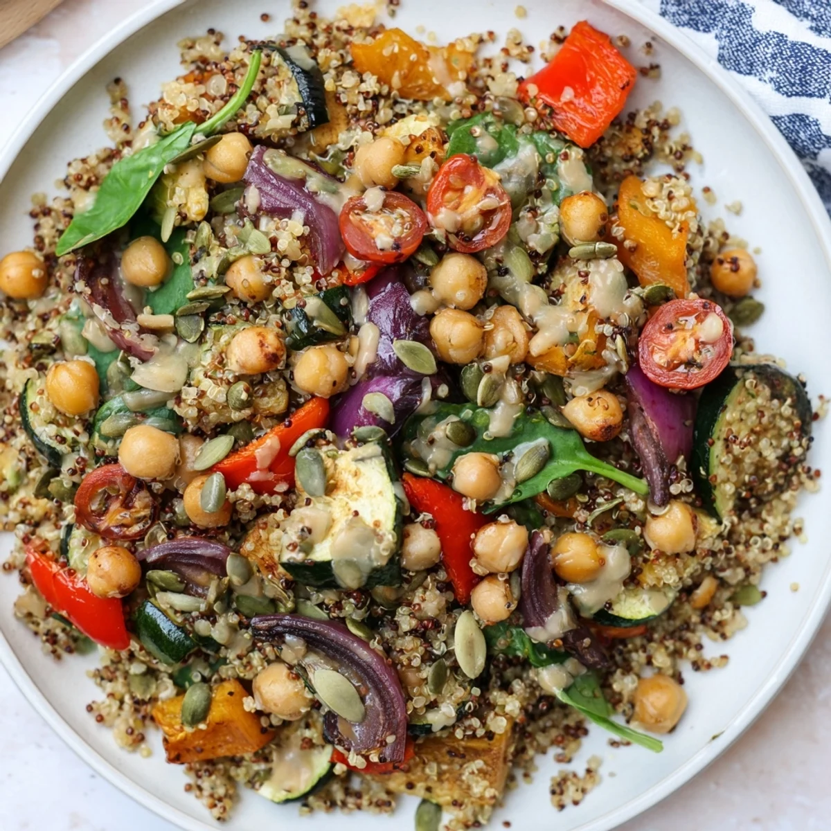 Quinoa Power Protein Salad, featuring roasted vegetables and creamy dressing, looks incredibly fresh.