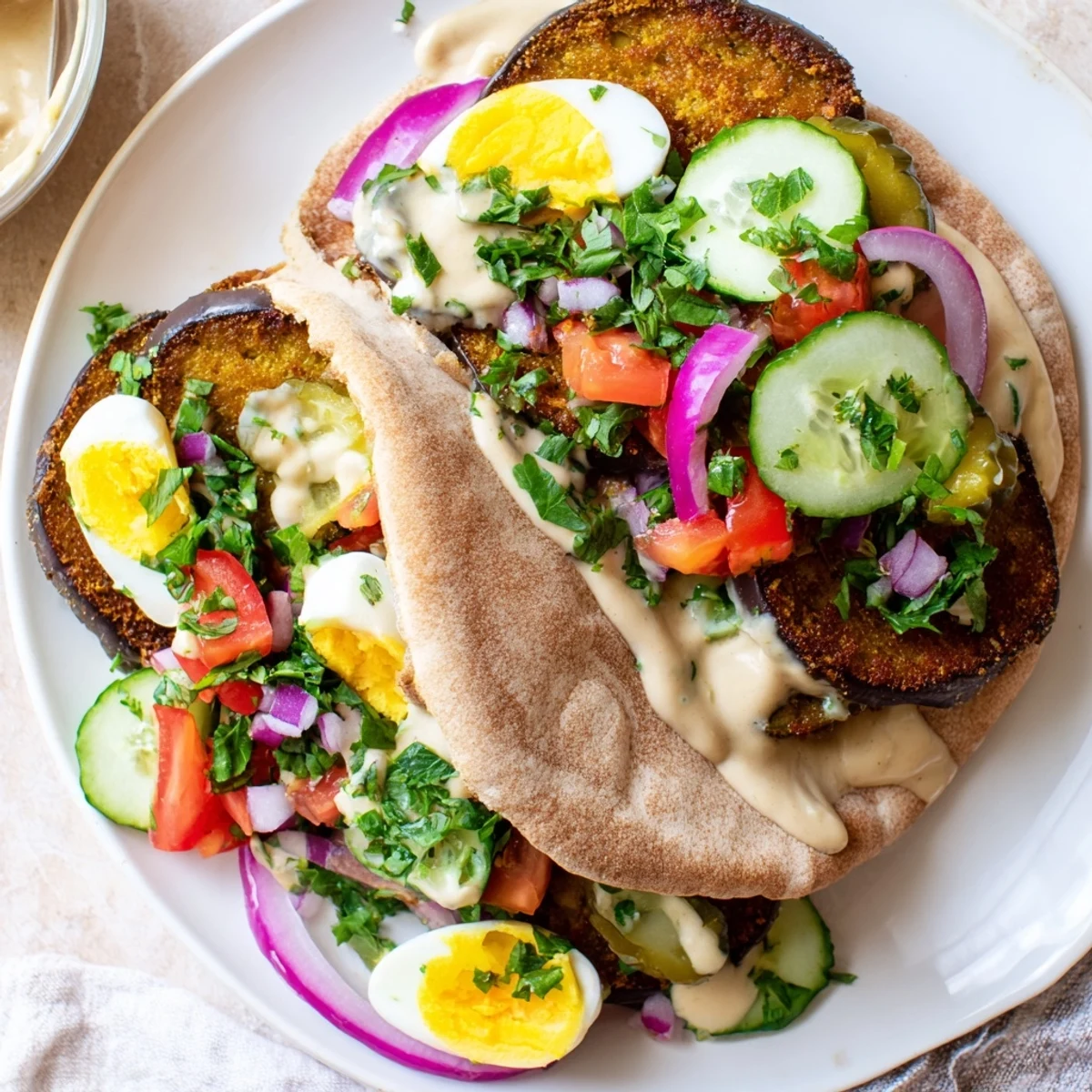Freshly assembled Israeli Sabich, with crispy eggplant and vibrant Israeli salad inside.