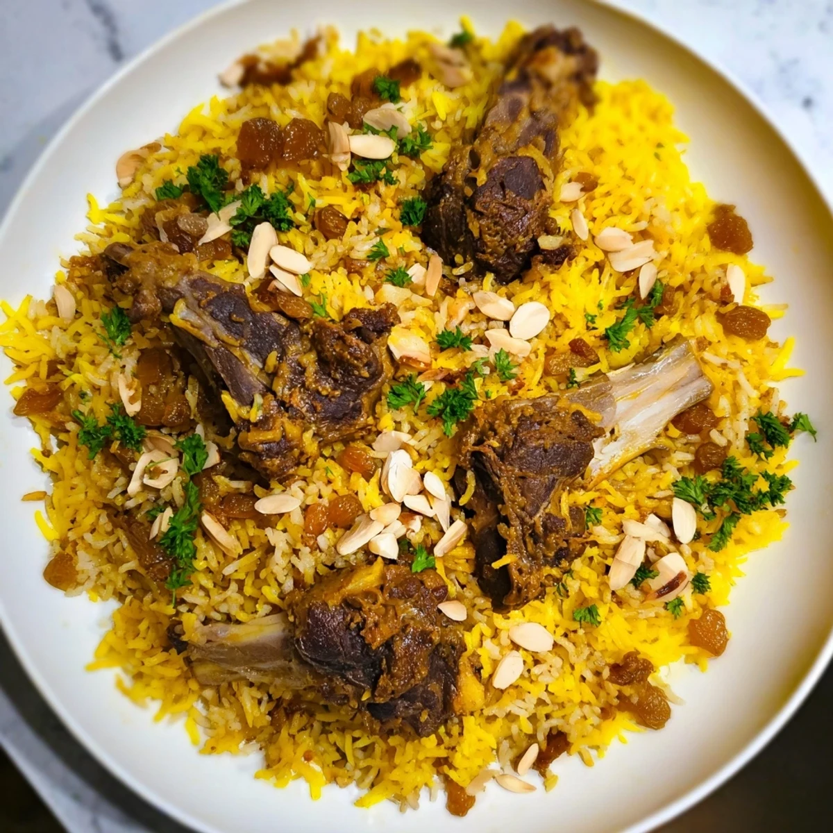Aromatic Saudi Kabsa rice with tender meat and toasted almonds, ready to serve.