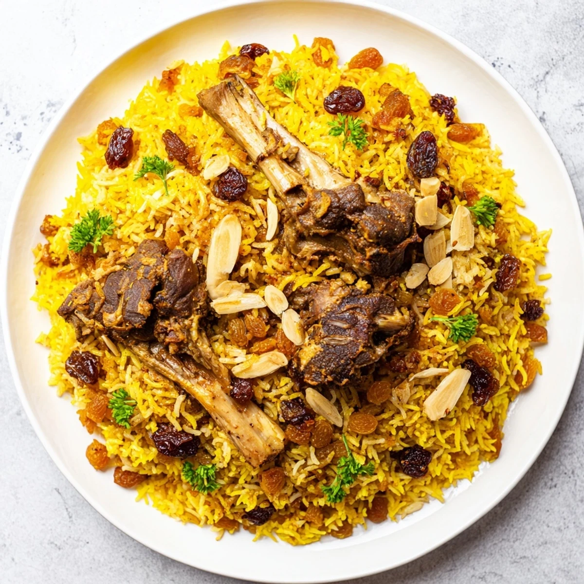 Golden raisins and spiced lamb add color and flavor to this enticing Kabsa recipe.
