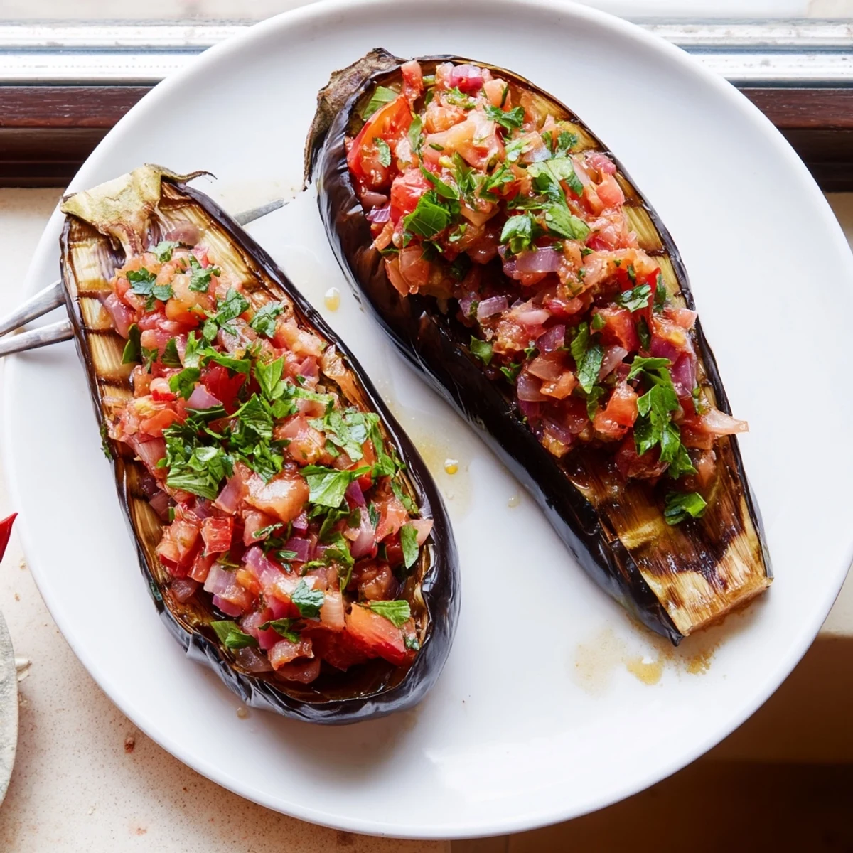 Imam Bayildi: A close-up of tender eggplant halves overflowing with a flavorful tomato filling, ready to serve.