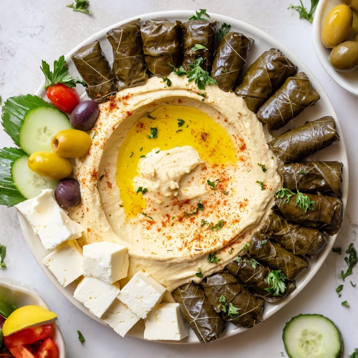 A colorful Turkish meze platter with hummus, olives, cheese, and dolmas, ready to enjoy.