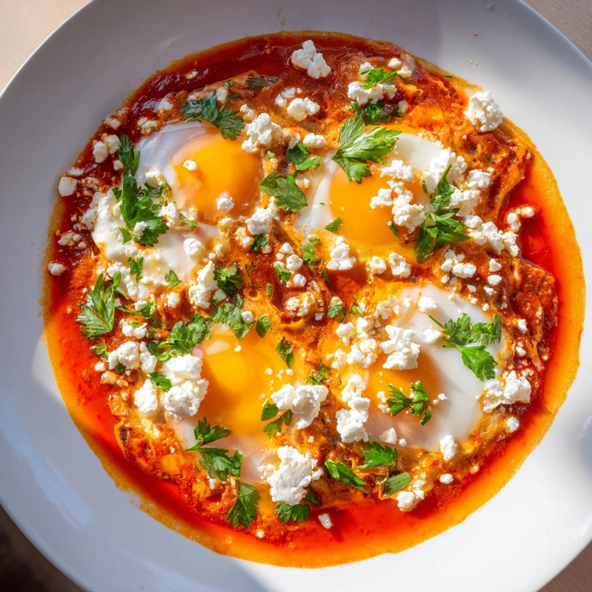 Israeli Shakshuka eggs bubbling in a pan, ready to serve with fresh herbs and feta cheese.
