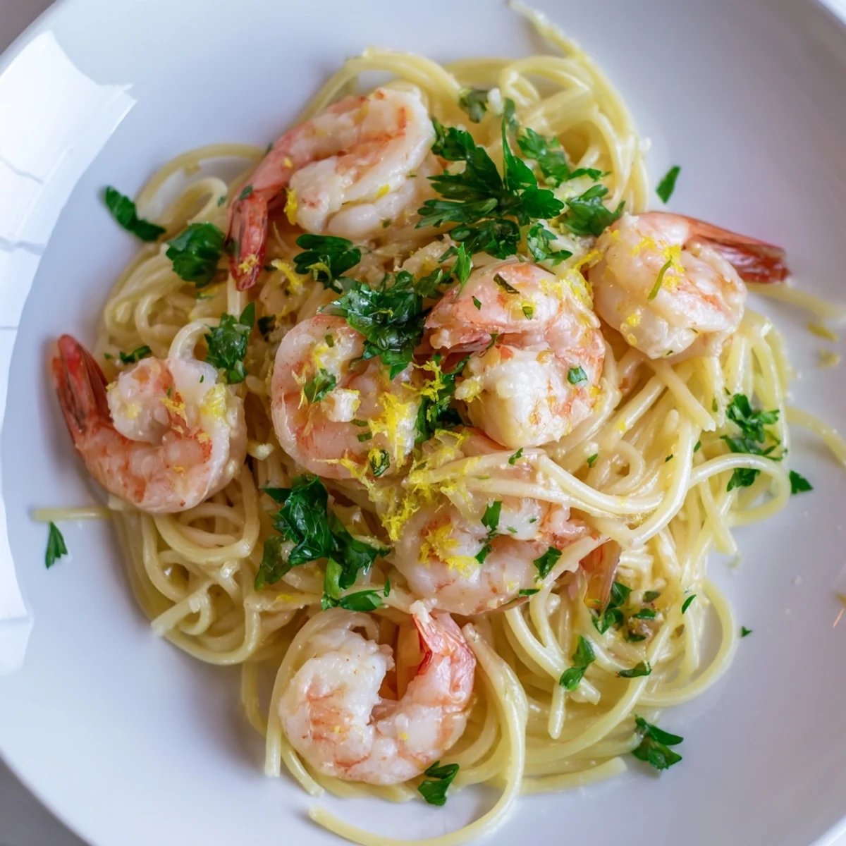 Flüssige Nudeln mit saftigen Shrimps in einer zitronig-sahnigen Butter-Sauce, garniert mit frischem Parsley und Parmesan auf einer rustikalen Holzplatte.