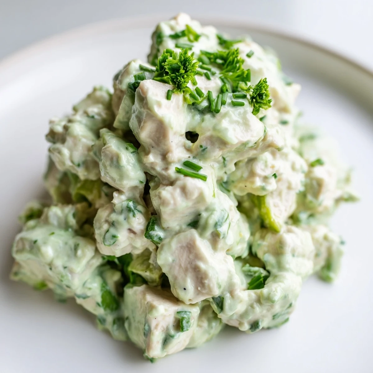 Light and refreshing Avocado Ranch Chicken Salad with tender chicken, creamy dressing and crisp vegetables for lunch.
