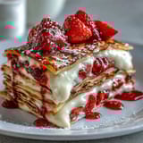 Hier sind drei einzigartige und SEO-optimierte ALT-Texte für das Bild der Erdbeer-Crepes-Torte: