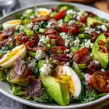 Frischer Spring Cobb Salat mit Erdbeeren und Avocado, bunt und cremig mit knackigem Gemüse und Feta.