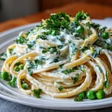 Helle, cremige Pasta mit Zitronenabrieb und süßen Erbsen, serviert mit Ricotta.  