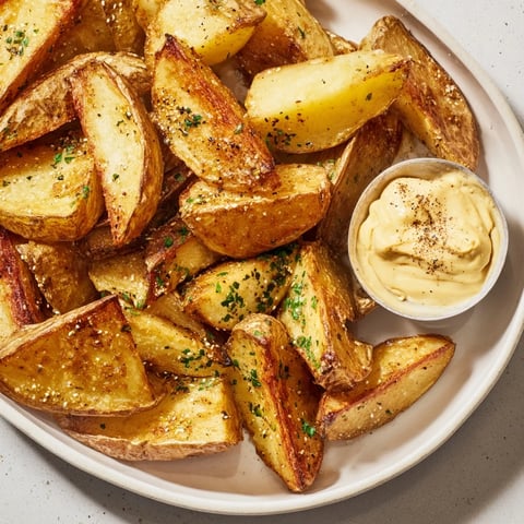 Golden brown Vegetarian Herb Potato Wedges with Mustard Dip, ready to be dipped and enjoyed.