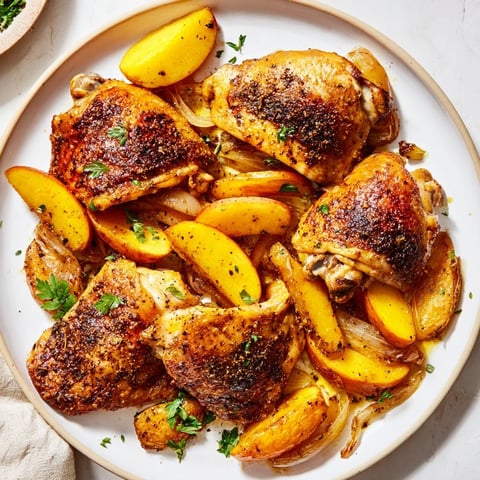 Tender Sheet-Pan German-Style Chicken, roasted with apples and onions, ready to serve with parsley.