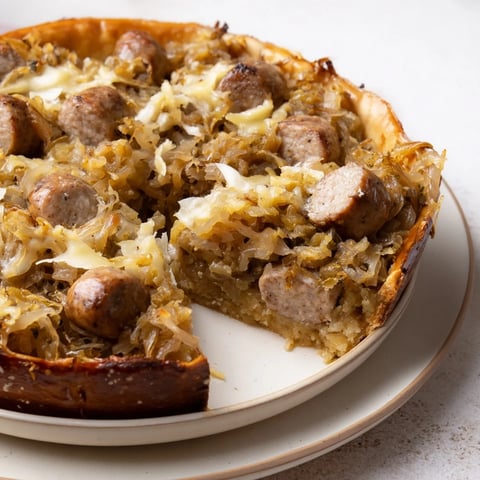 Golden-crusted Bratwurst & Sauerkraut Pie brimming with juicy bratwurst and tangy sauerkraut filling.