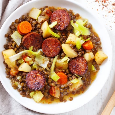 Steaming bowl of Instant Pot German Lentil Stew with chorizo, a hearty meal ready to be enjoyed.