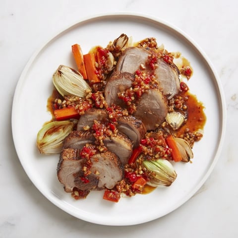 Tender Bavarian roast pork, glistening with a spicy chili-ginger sauce, ready to serve.