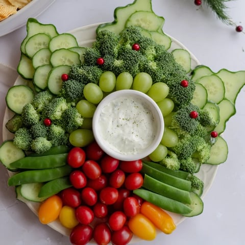Festive Holly Leaf Veggie Board with vibrant vegetables and a creamy dip, perfect appetizer.