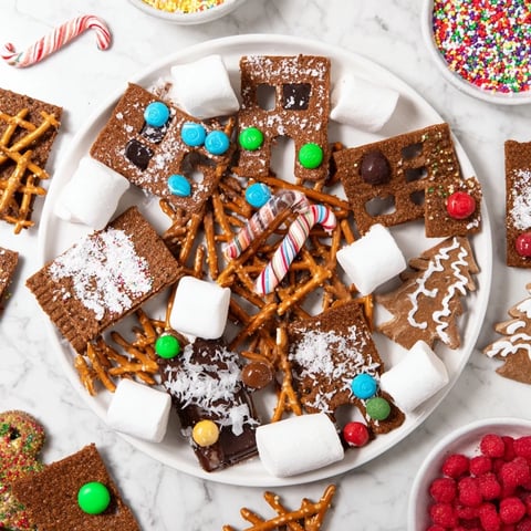 A beautifully arranged Gingerbread House Board with colorful candies, inviting you to build.