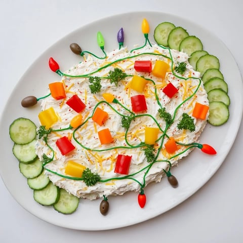 Festive Christmas Lights Appetizer Spread with colorful bell peppers and olives on a party platter.