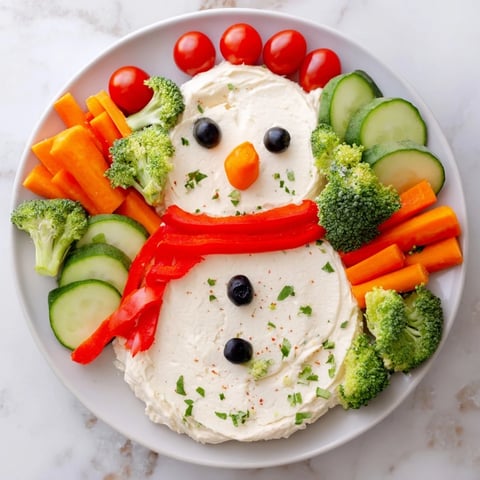 Festive snowman veggie dip platter with colorful vegetables, perfect for holiday gatherings and parties.