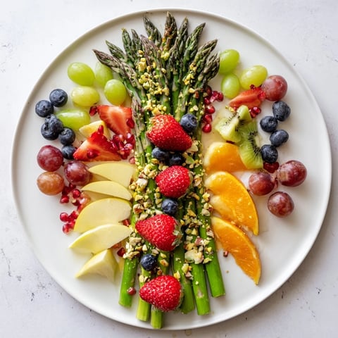 Asparagus Stem Floral Fruit Board bursting with fresh, colorful fruits ready to enjoy as a spring appetizer.