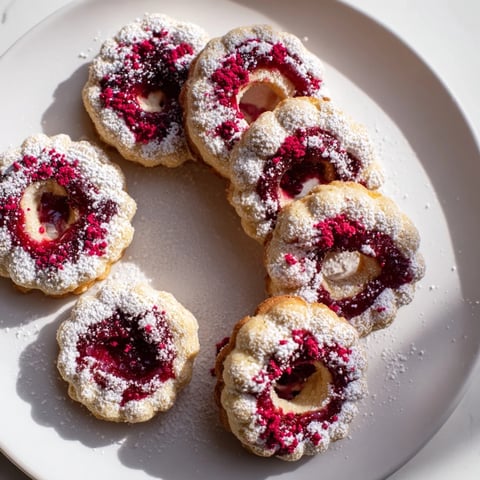 Festive raspberry wreath cookies, dusted in powdered sugar, create a sweet holiday platter.