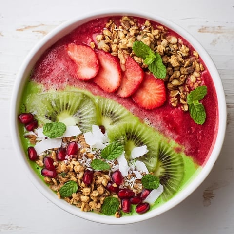 Festive red and green smoothie bowls, a visually stunning breakfast with fresh fruits and granola.