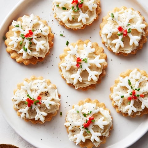 Elegant close up of cracker and cheese snowflake bites, a savory appetizer for holiday parties.