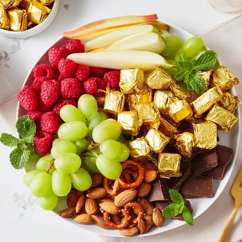A festive New Year's chocolate board displays glistening gold-wrapped chocolates and fresh fruit.