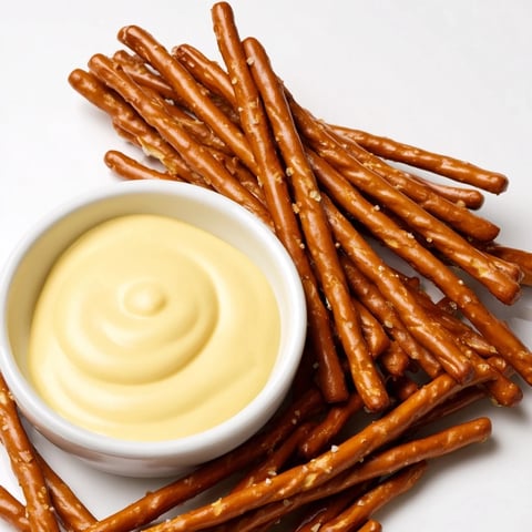 Crunchy pretzel rods beside a small bowl of vibrant, golden hot mustard dip for dipping.