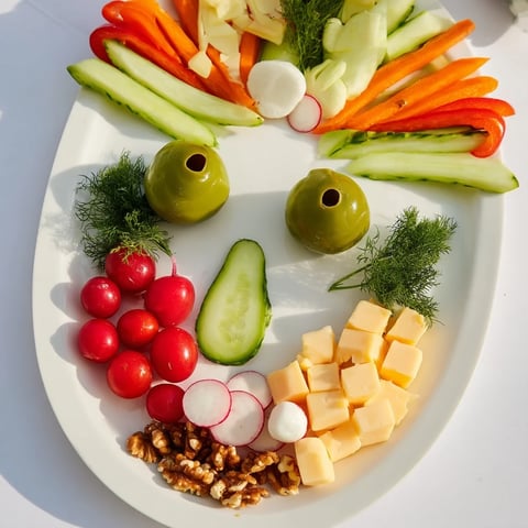 A vibrant Masquerade Mask appetizer platter with colorful fruits and cheeses arranged in a mask shape.