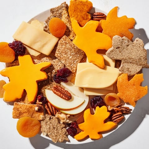 Festive Thanksgiving Leaf Fall snack board with colorful leaves of cheese, fruit, and nuts.