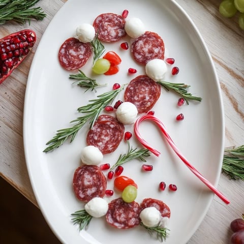 Festive Candy Cane Zigzag charcuterie board with salami, cheese, and vibrant red and green garnishes.