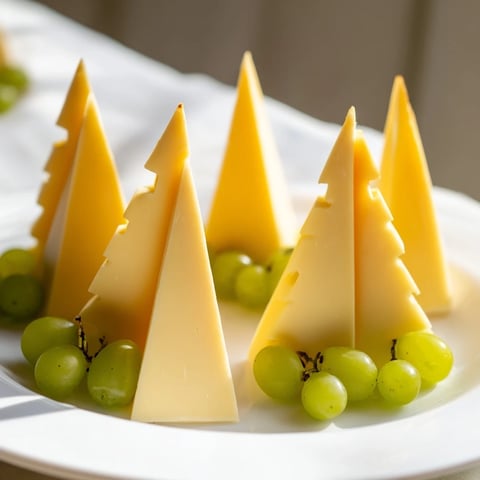 A festive holiday cheese board, "The Tannenbaum Border," features cheese trees and green grapes.