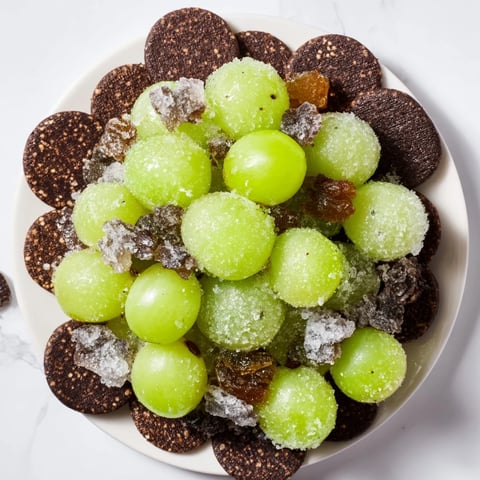 Dark chocolate cracker cave sheltering sugared green grapes, a stunning Crystal Cave dessert.