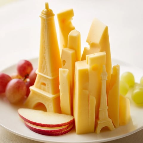 A visually stunning Skyline Silhouette cheese platter with cheese building shapes, fruit, and crackers.