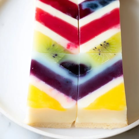 Vibrant The Kaleidoscope dessert with layers of color and fruit puree, perfect for serving.
