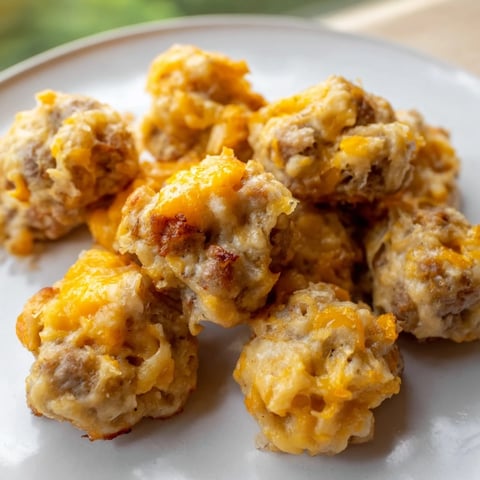 Golden, savory Chicken and Sausage Bisquick Balls, perfect party appetizer, offering a cheesy, delightful taste.