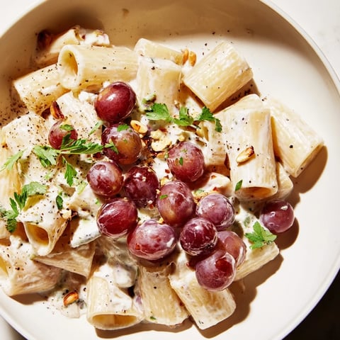 Pasta with Roasted Grapes and Ricotta, featuring tender pasta tossed with sweet roasted grapes.