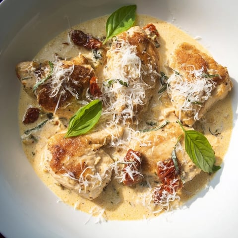 Marry Me Chicken, a creamy Italian dish with perfectly seared chicken, served with Parmesan snow.