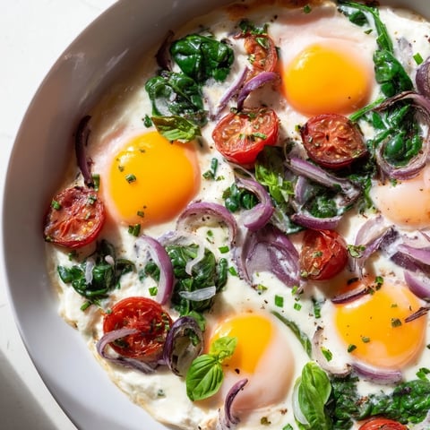 Creamy baked feta eggs with vibrant tomatoes, perfect for a flavorful Mediterranean breakfast.