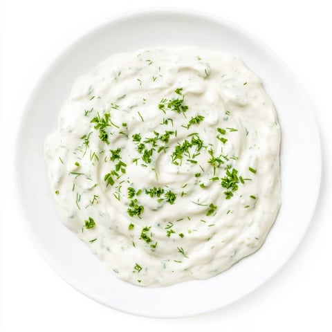 Creme, cremiger griechischer Joghurt-Ranch-Dip mit frischen Kräutern, perfekt für Gemüse und Snacks.