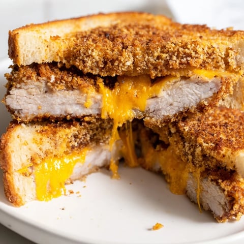 Crispy Panko Pork Chop Grilled Cheese with melted cheese oozing from golden, toasted bread.