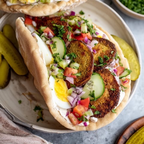 A warm pita sandwich overflowing with flavorful Israeli Sabich, showing fried eggplant.