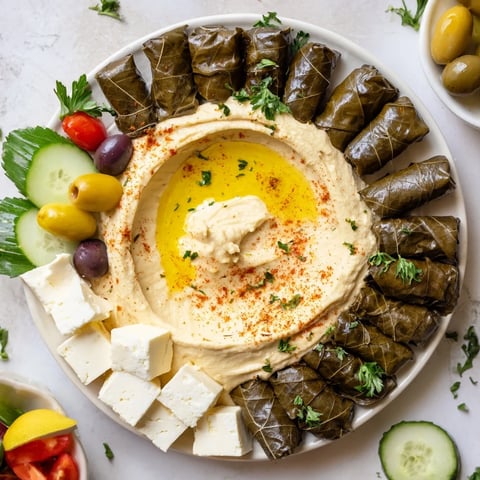 A colorful Turkish meze platter with hummus, olives, cheese, and dolmas, ready to enjoy.