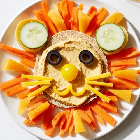 A colorful kids King of the Jungle Lion Lunch Board with carrots, peppers, and olives, yummy looking.