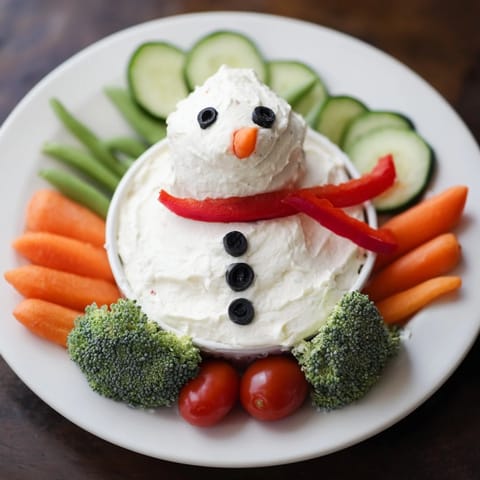 Creamy snowman veggie dip, surrounded by vibrant raw vegetables, ready to be scooped up and enjoyed.