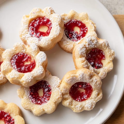 Warm, buttery raspberry wreath cookies, perfect for Christmas, look delicious and inviting.