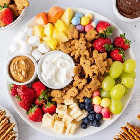 This vibrant Animal Cracker Safari Board features an inviting spread of sweet treats, perfect for kids.