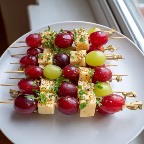 Skewers of Sparkling Grape and Cheese glistening with honey and wine: a festive, easy-to-make party treat.