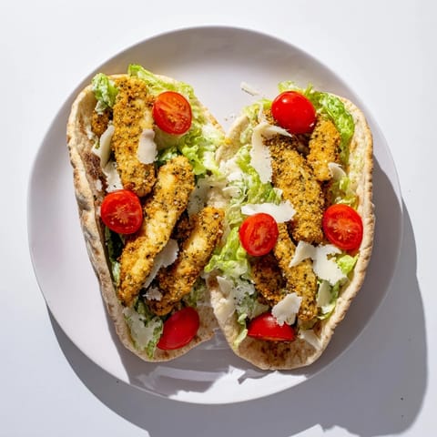 Golden-brown herbed chicken Caesar pitas stuffed with crisp romaine and creamy dressing, served warm and ready to eat.