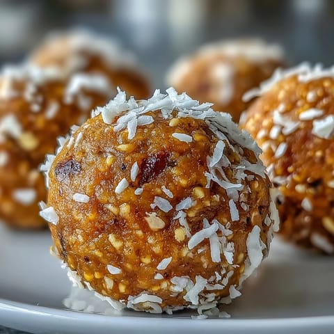 Vitalisierende Ingwer Kurkuma Energiebällchen, appetitlich aus Kokosnuss gerollt und bereit zum Genuss.