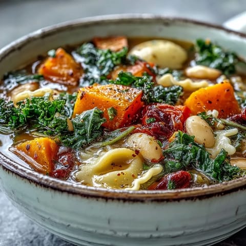 Wärmendes Winter Minestrone Soup mit Kürbis und Kale, serviert in einer Schüssel.